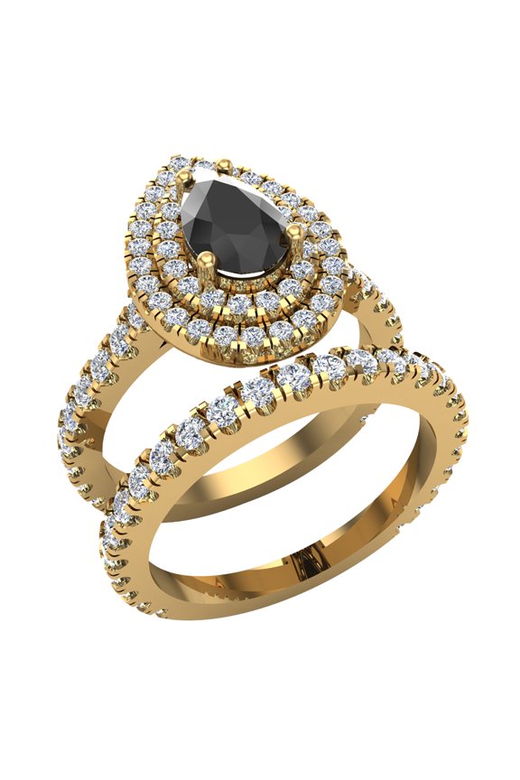 Pear Cut Black Diamond Double Halo Wedding Ring Set 18K Gold 2.10 Carat (G,VS1)