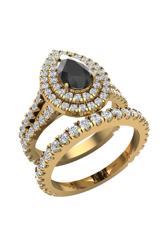 Pear Cut Black Diamond Double Halo Wedding Ring Set Split Shank 18K Gold 2.40 Carat (G,VS1)