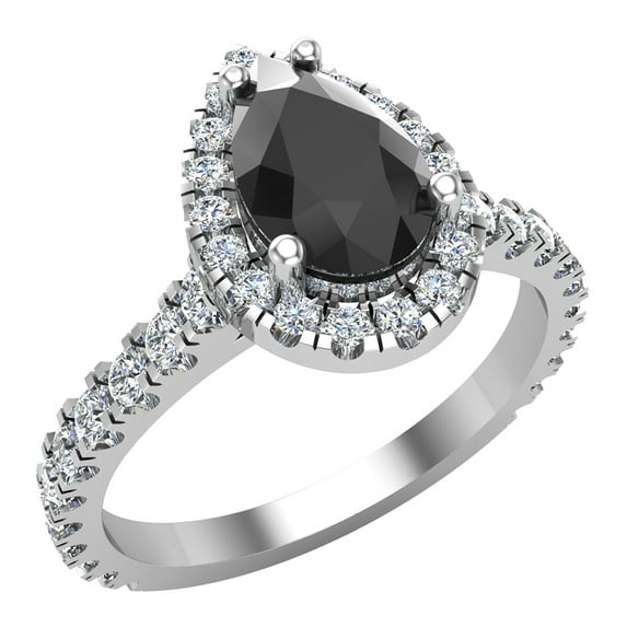 Pear Cut Black Diamond Halo Engagement Ring 14K White Gold 1.60 Carat (G,SI)