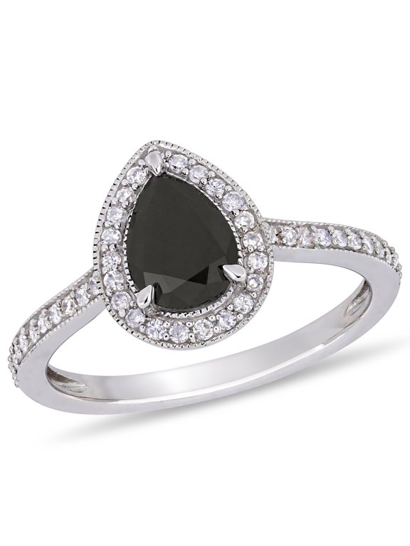 Pear Cut Black Diamond Ring, Halo Diamond Engagement Ring, Solitaire With Accents Diamond Wedding Ring, 14K White Gold Plated, 2.3 Ct Simulated Diamond, Gemstone Ring