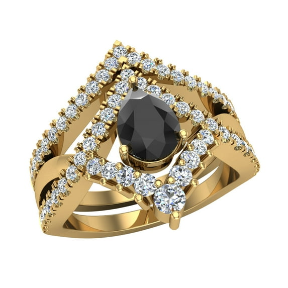 Pear Cut Black Diamond Wedding Ring Set 14K Gold (I,I1)