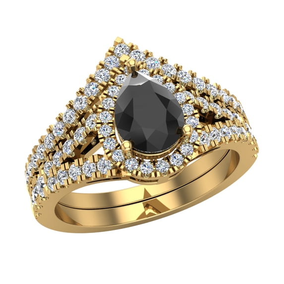 Pear Cut Black & Round Diamond Wedding Ring Set 14K Gold (I,I1)