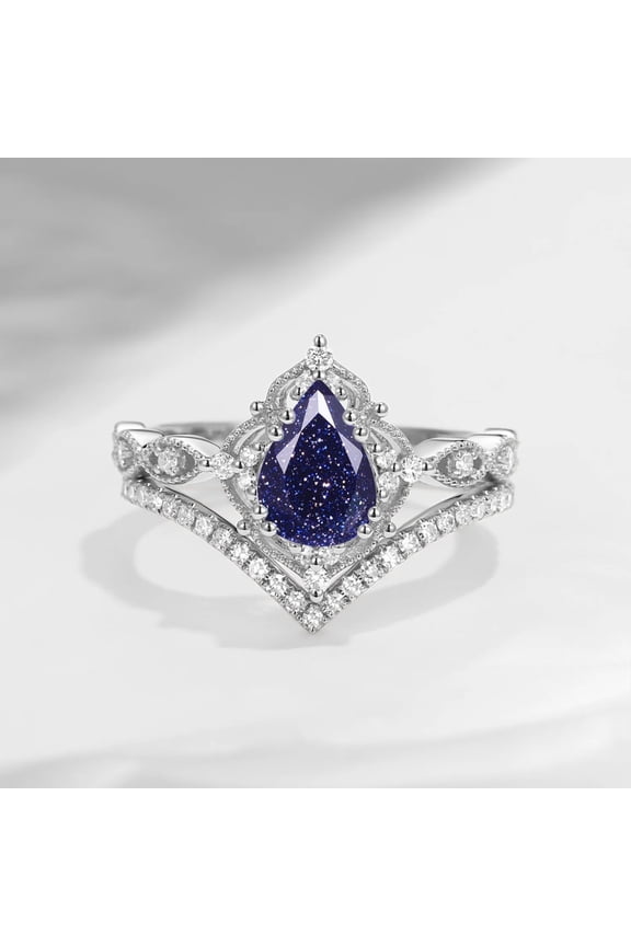 Pear Cut Blue Sandstone Engagement Ring Set – 14K White Gold Vermeil - 2 Pcs Celestial Halo Bridal Ring – Handmade Fine Jewelry for Women