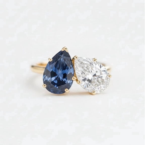Pear Cut & Blue Sapphire Diamond Toi Et Moi Ring, Stackable Two Pear Anniversary Ring for Her, Promise Ring for Her, September Birthstone Elegant Ring