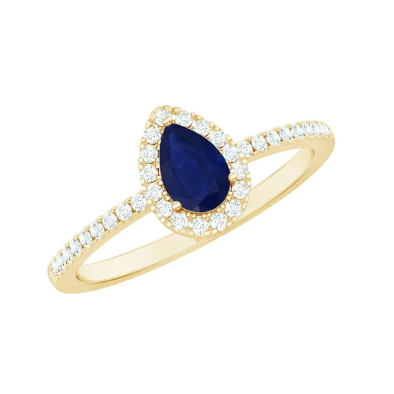 Rosec Jewels Natural Blue Sapphire Pear Shaped Engagement Ring with Halo - Blue Sapphire and Diamond Ring - 4X6 mm - AAA Grade, 10K Yellow Gold, US 7.00