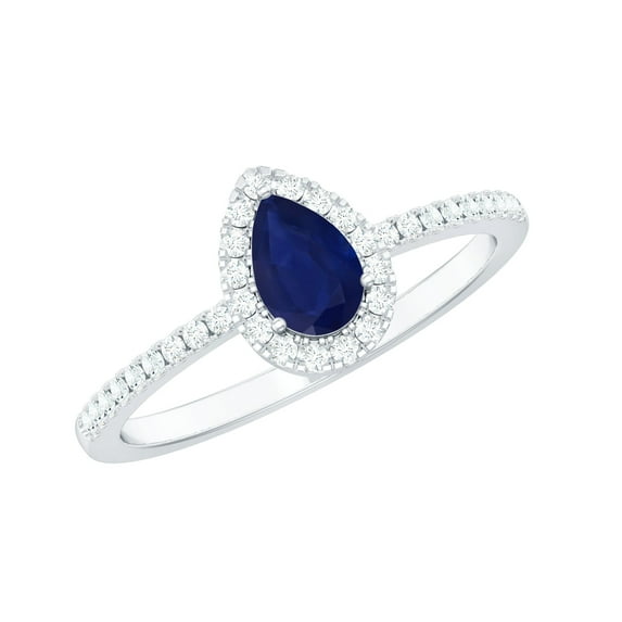 Rosec Jewels Natural Blue Sapphire Pear Shaped Engagement Ring with Halo - Blue Sapphire and Diamond Ring - 4X6 mm - AAA Grade, 18K White Gold, US 11.00