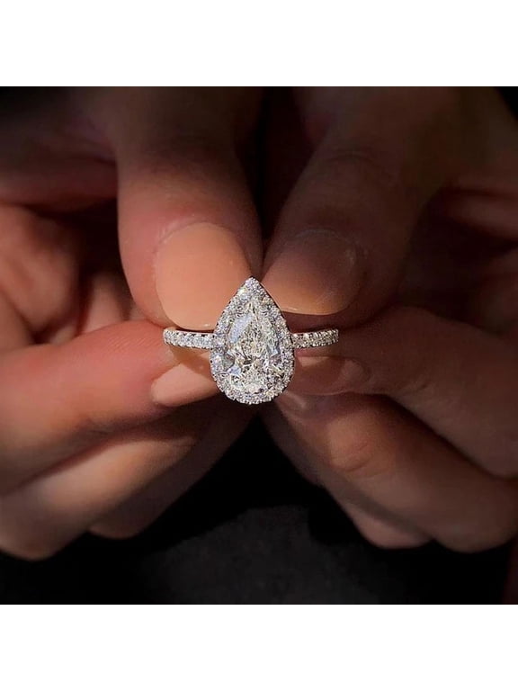 Pear Cut Cubic Zirconia Halo Engagement Ring for Women, White Gold Plated Pave Shank Promise Ring, April Birthstone Bridal Ring