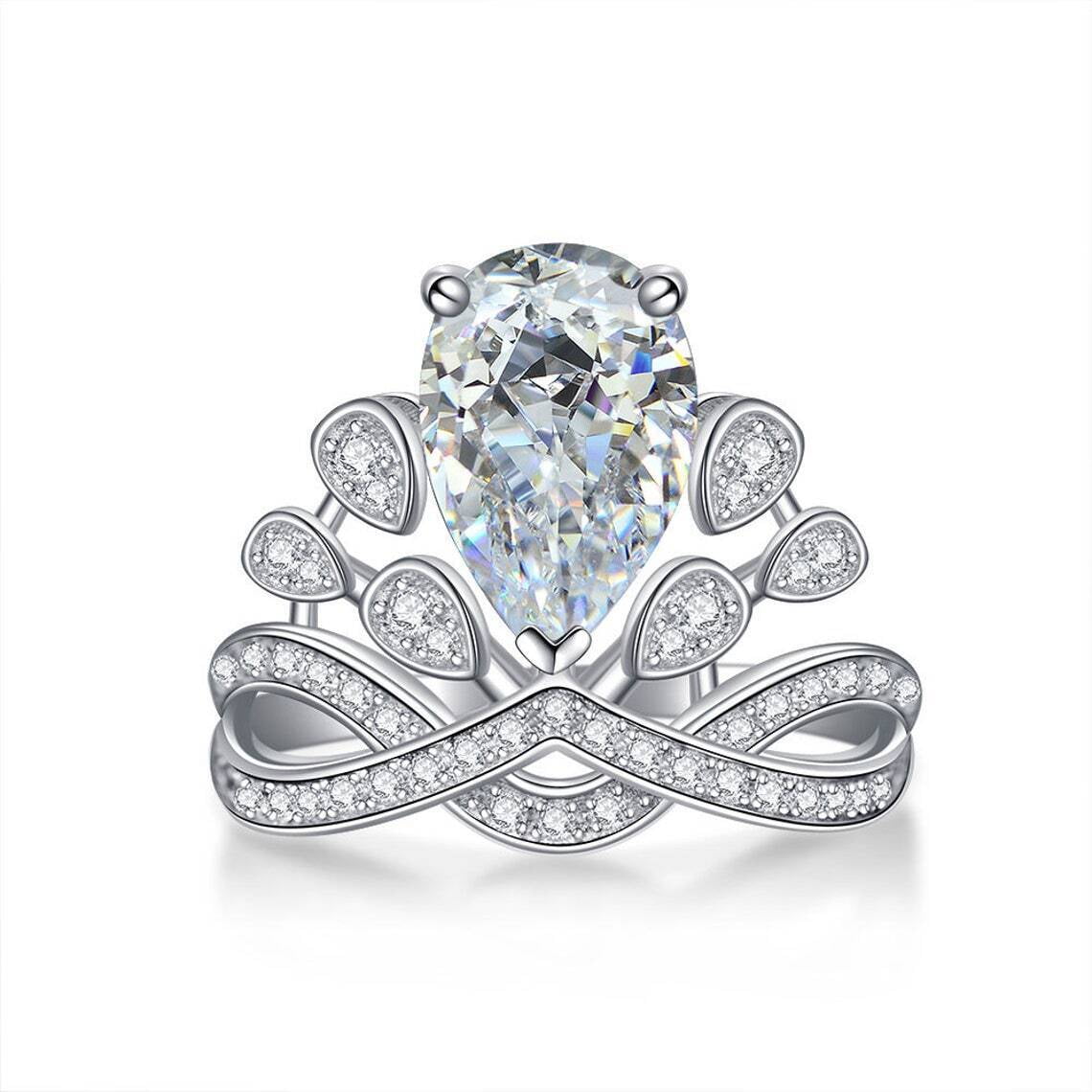 Pear Cut Diamond Engagement Ring, Princess Crown Style Diamond Ring ...