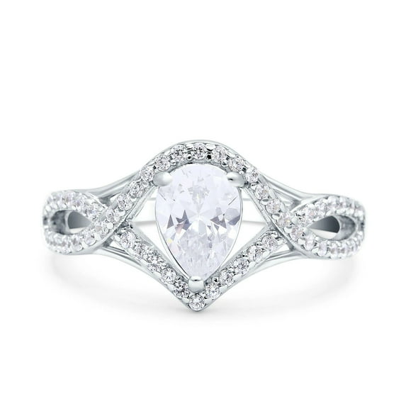 Pear Cut Diamond Engagement Ring, Split Shank Diamond Ring, Pave Set Diamond Wedding Ring, Criss Cross Shank Diamond Ring, 14K White Gold Plated, 2.2 Ct Simulated Diamond, Gift Ring