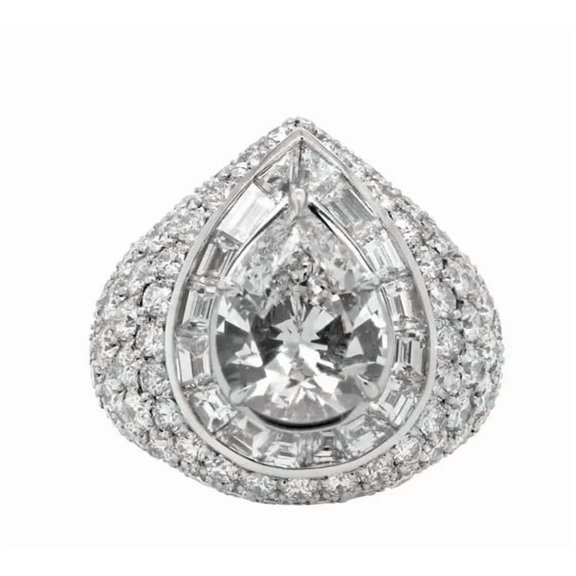 Pear Cut Diamond Ring, Halo Diamond Engagement Ring, Pave Set Solitaire With Accents Diamond Ring, Women's Cocktail Dome Ring, 925 Sterling Silver, 2.6 Ct Simulated Diamond, Partywear Ring