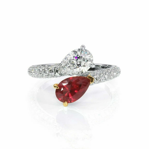 Pear Cut Diamond Ring, Two Tone Metal Ring, Bypass Diamond Engagement Ring, Toi Et Moi Diamond & Ruby Ring, Micro Pave Set Shank Diamond Ring, 2.3 Ct Simulated Diamond, 925 Sterling Silver