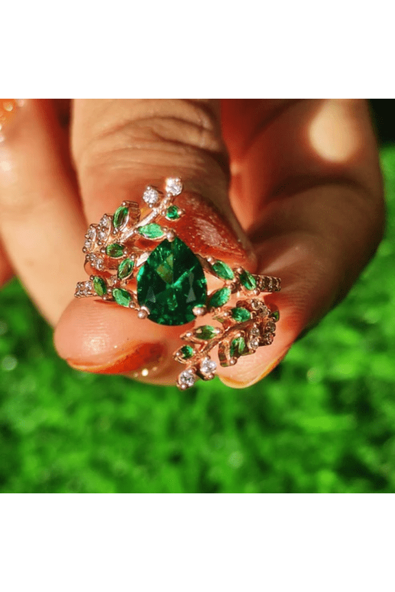 Pear Cut Emerald & Diamond Leaf Wedding Ring- Unique Bridal Ring in 14K Rose Gold Vermeil