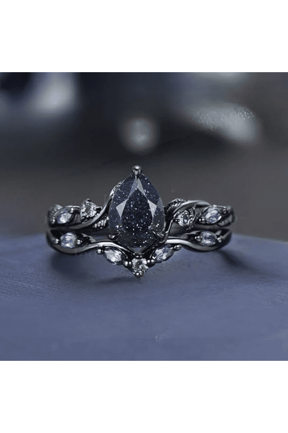 Pear Cut Galaxy Starry Sky Blue Sandstone Alexandrite Wedding Ring Set in 14k Black Gold Finish - Leaf Bridal Ring Set