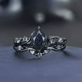 thumbnail image 1 of Pear Cut Galaxy Starry Sky Blue Sandstone Alexandrite Wedding Ring Set in 14k Black Gold Finish - Leaf Bridal Ring Set, 1 of 2