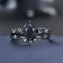 Pear Cut Galaxy Starry Sky Blue Sandstone Alexandrite Wedding Ring Set in 14k Black Gold Finish - Leaf Bridal Ring Set