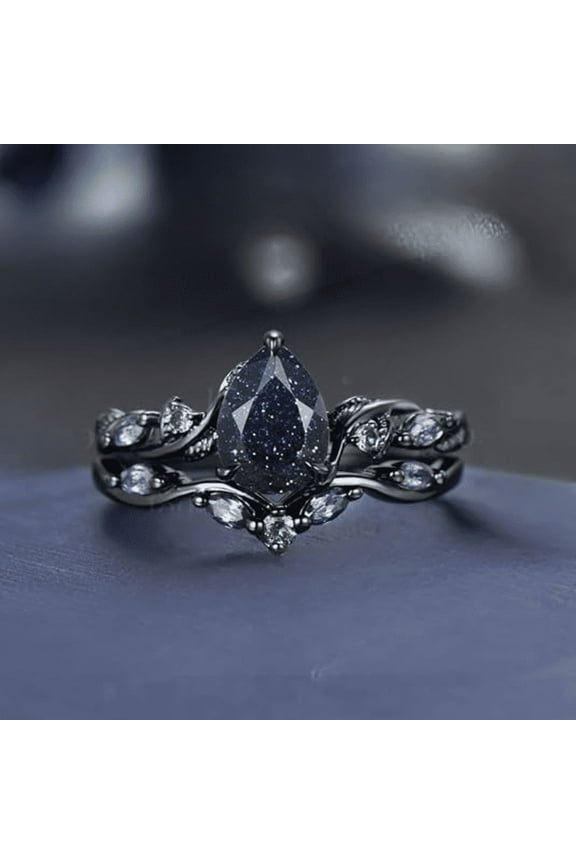 Pear Cut Galaxy Starry Sky Blue Sandstone Alexandrite Wedding Ring Set in 14k Black Gold Finish - Leaf Bridal Ring Set