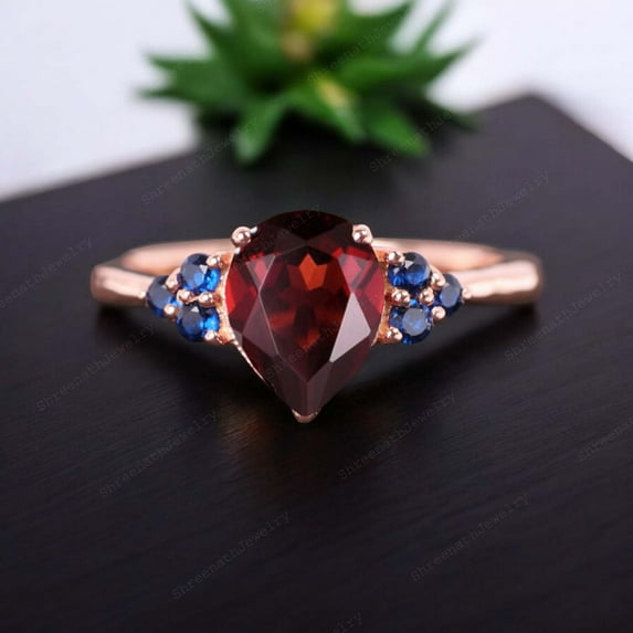 Pear Cut Garnet Engagement Ring Sapphire Cluster Wedding Jewelry Rose Gold Promise Ring January Birthstone Ring Birthday Gift For BestFriend