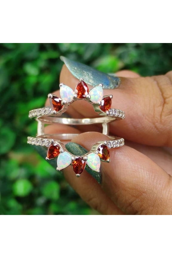 Pear Cut Garnet and Fire Opal Ring Guard- January/October Birthstone- Couple Birthsotne Ring