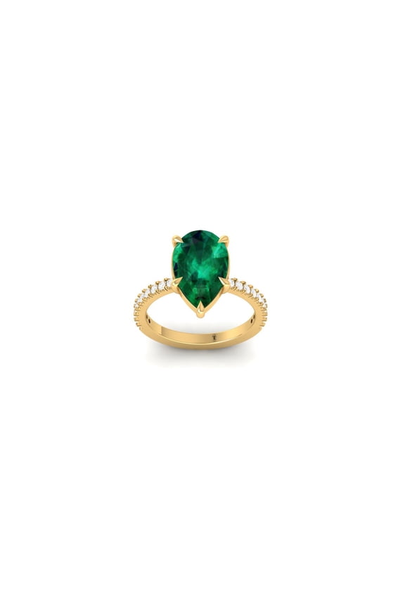 Pear Cut Green Emerald Moissanite Engagement Ring, 14K Yellow Gold Plated