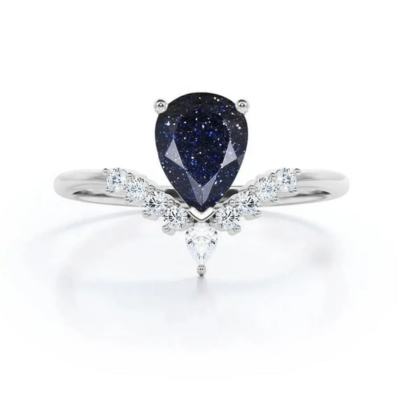 Pear Cut Lab-Created Blue Sandstone and Diamond Nestled Engagement Ring in 925 Sterling Silver – Elegant Jewelry for Her, Unique Bridal Ring