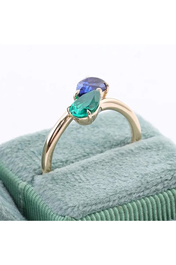 Pear-Cut Lab-Created Blue Sapphire and Emerald Bypass Ring in 925 Sterling Silver – Elegant, Vibrant, and Unique Design for Her