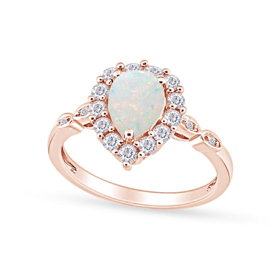 Pear Cut Lab Created Opal And Round Simulated White Sapphire Teardrop Frame Engagement Bridal Ring In 10k Solid Rose Gold Ring Size-7