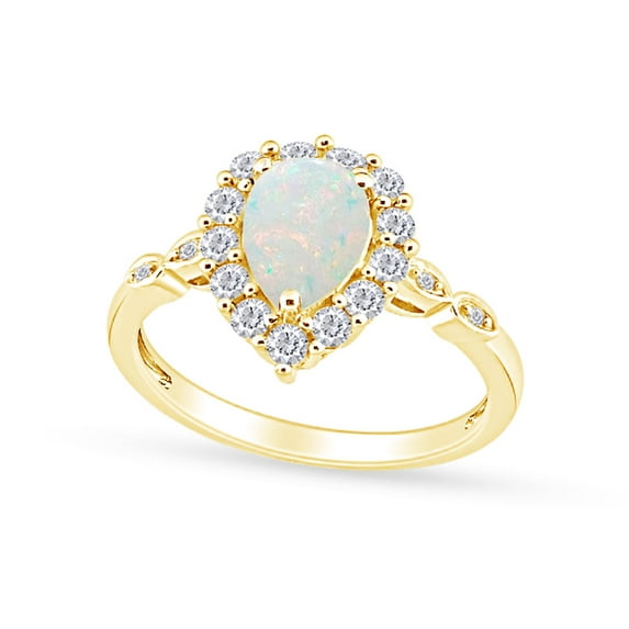 Pear Cut Lab Created Opal And Round Simulated White Sapphire Teardrop Frame Engagement Bridal Ring In 10k Solid Yellow Gold Ring Size-5.5