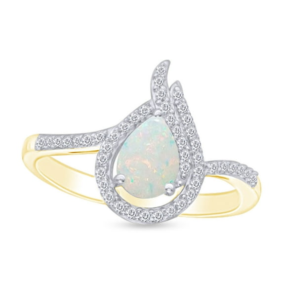 Pear Cut Lab Created Opal And Simulated White Sapphire Bypass Engagement Promise Ring In 14k Yellow Gold Plated 925 Sterling Silver Ring Size-10