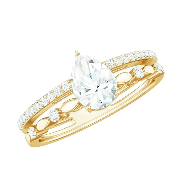 Rosec Jewels Moissanite Pear Shape Engagement Ring for Women - Double Band Ring - 5X7 mm - D-VS1 Quality, 18K Yellow Gold, US 11.50