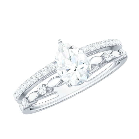 Rosec Jewels Moissanite Pear Shape Engagement Ring for Women - Double Band Ring - 5X7 mm - D-VS1 Quality, 925 Sterling Silver, US 7.50