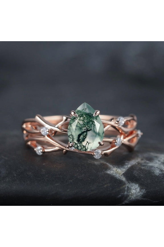 Pear Cut Moss Agate Diamond Engagement Ring Set 14K Gold Moissanite Branch Twig Promise Wedding Rings Bridal Set For Women