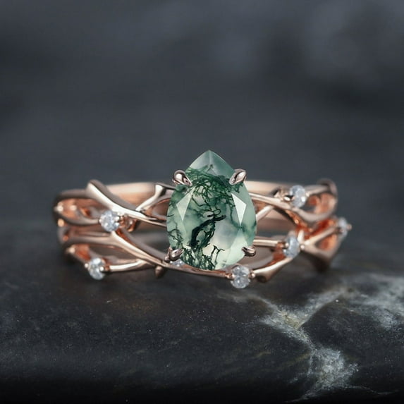 Pear Cut Moss Agate Diamond Engagement Ring Set 14K Gold Moissanite Branch Twig Promise Wedding Rings Bridal Set For Women