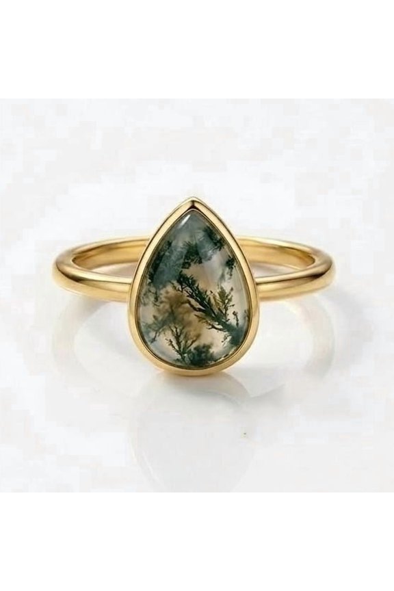 Pear Cut Natural Moss Agate Engagement Ring, June Birthstone Ring, Solitaire Green Gemstone Ring, Nature Inspired Ring, Anniversary Gift Ring for Her