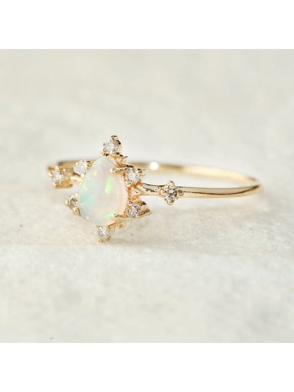 Pear Cut Opal & Cubic Zirconia Ring, 925 Sterling Silver Ring, Anniversary Ring, Gift For Her. Perong Setting
