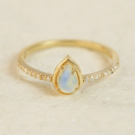 Pear Cut Opal & Cubic Zirconia Ring, 925 Sterling Silver Trio Ring. Minimalist Ring. Handmade Fine Jewelry. Gift For Her.
