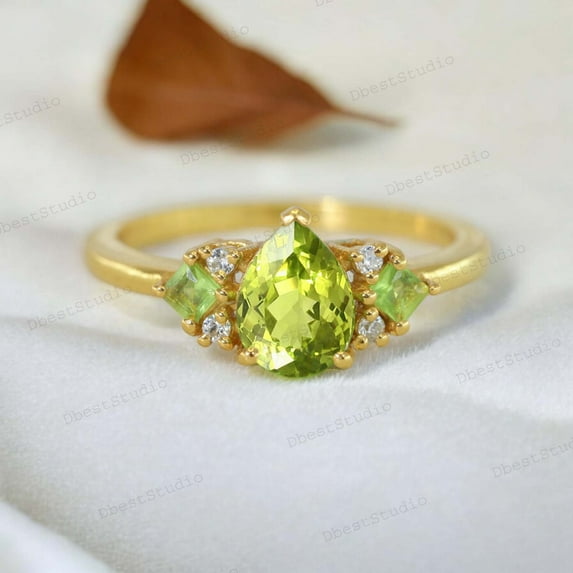 Pear Cut Peridot Women Ring Diamond Cluster Wedding Jewelry Yellow Gold personalized Ring Art Deco Anniversary Gift August Birthstone Handmade Ring