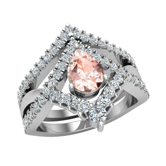 Pear Cut Pink Morganite Diamond Wedding Ring Set 14K White Gold (I,I1)