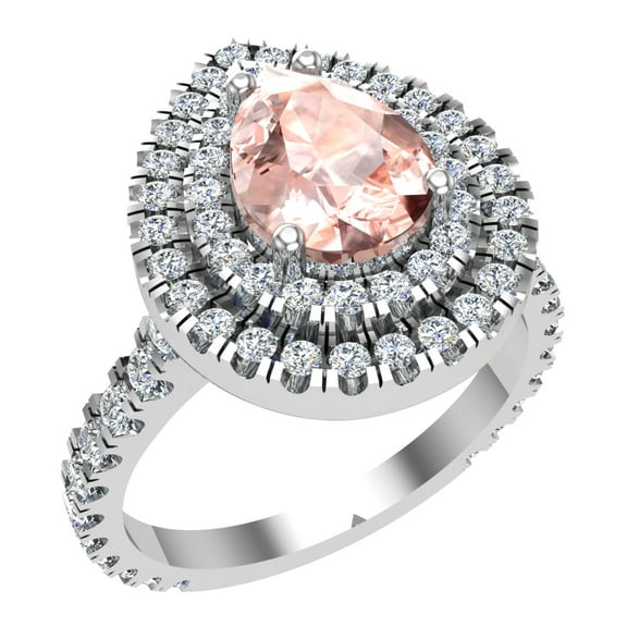 Pear Cut Pink Morganite Double Halo Engagement Ring 14K White Gold 1.80 CT TW