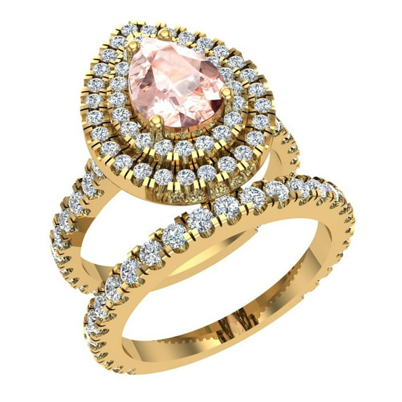 Pear Cut Pink Morganite Double Halo Wedding Ring Set 14K Gold 2.30 Carat