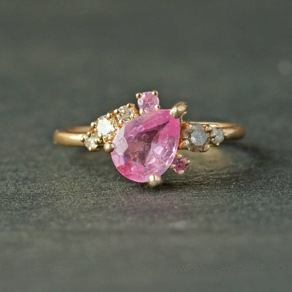 Pear Cut Pink Sapphire & Cubic Zirconia Cluster Ring, 925 Sterling Silver Ring, Minimalist Ring, Gift For Her, Prong Setting, September Birthstone Ring.