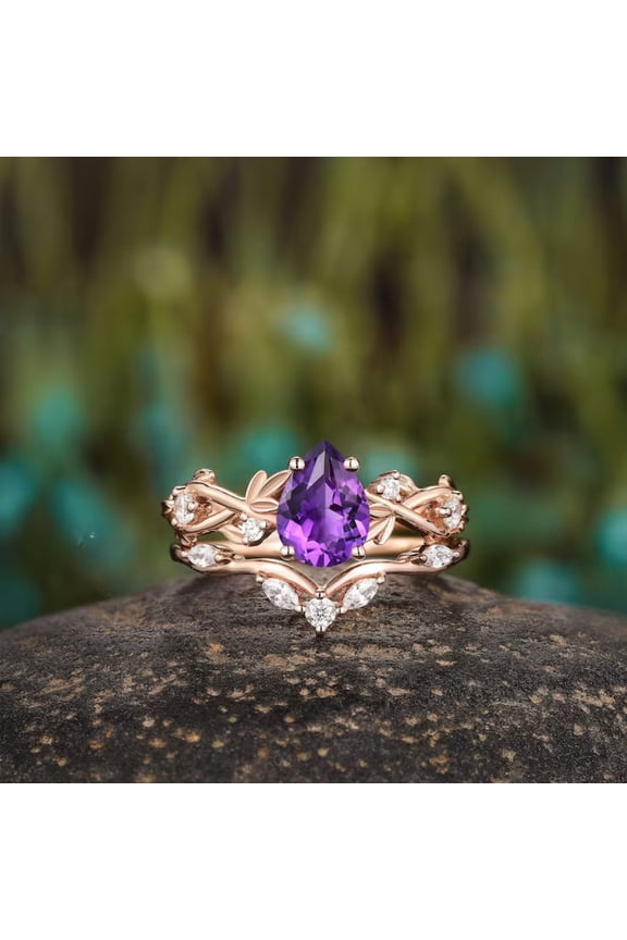 Pear Cut Purple Amethyst Engagement Ring Set in 14K Rose Gold Vermeil – Vintage Leaf Vine Bridal Ring with Diamond – February Birthstone Ring for Women