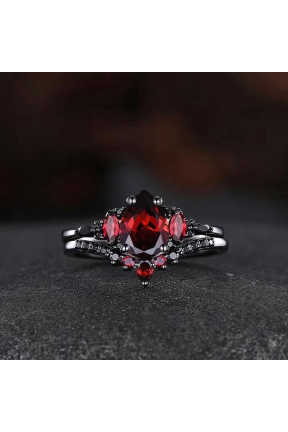 Pear Cut Red Garnet Engagement Ring in 14K Black Gold Vermeil – Vintage Gothic Halo Bridal Ring for Women – January Birthstone Jewelry