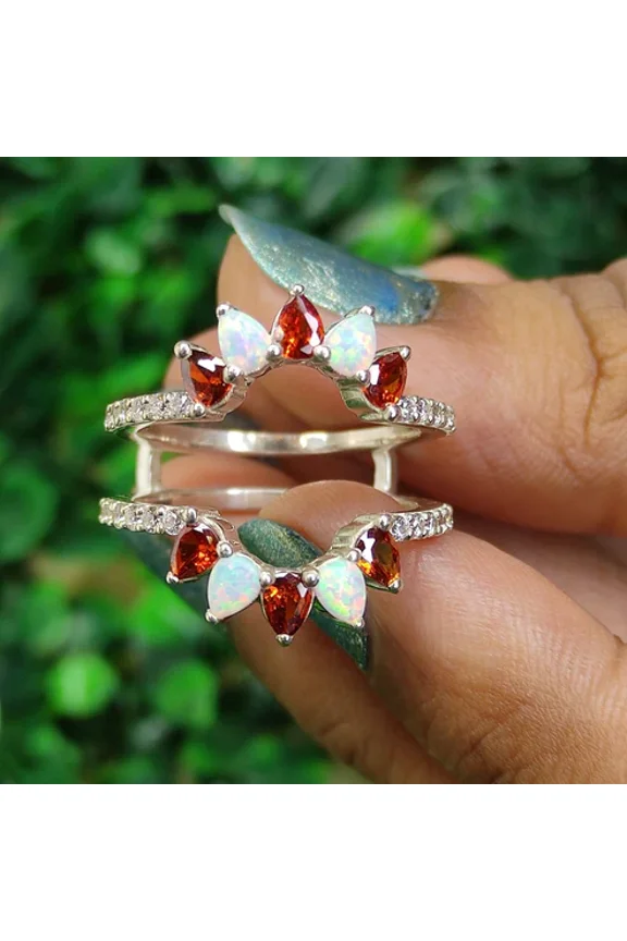 Pear Cut Red Garnet & Fire Opal Diamond Ring Guard in 925 Sterling Silver – Bridal Matching Ring, Handmade Jewelry
