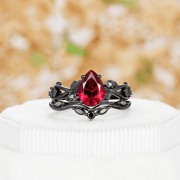 Pear Cut Ruby & Black Diamond Wedding Ring Set in 14k Black Gold Vermeil - July Birthstone - Twig Branch Engagement Ring