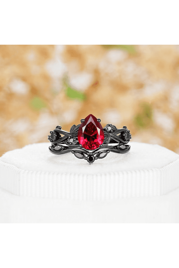 Pear Cut Ruby & Black Diamond Wedding Ring Set in 14k Black Gold Vermeil - July Birthstone - Twig Branch Engagement Ring