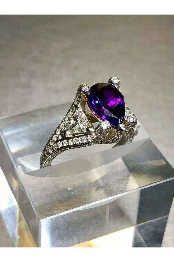 Pear Cut Simulated Amethyst Gorgeous Fancy Wedding Ring In 14k White Gold Plated