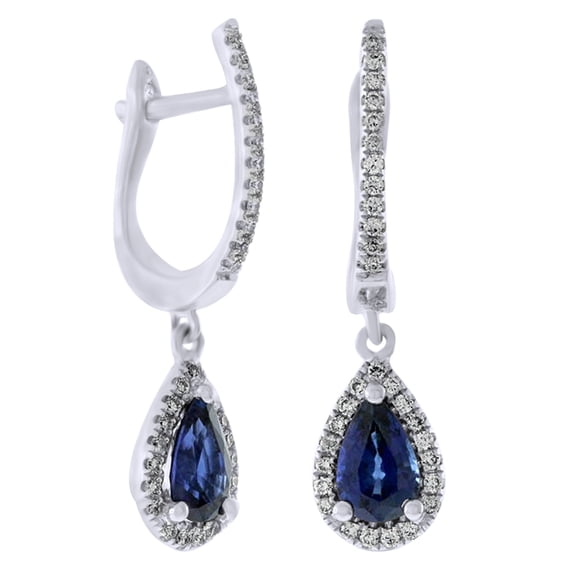 AFFY Pear Cut Simulated Blue Sapphire With Natural Diamond Halo Dangle Earrings In 14K Solid White Gold