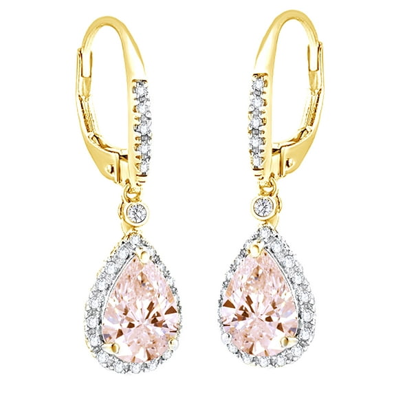 AFFY Pear Cut Simulated Morganite With White Diamond Dangle Earrings In 10K Solid Yellow Gold