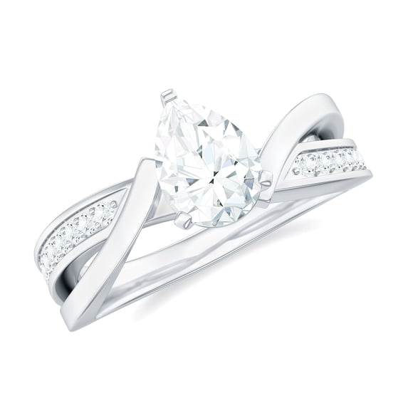 Rosec Jewels Certified Moissanite Pear Shape Engagement Ring for Women - 5X7 mm Solitaire Ring - D-VS1 Quality, 10K White Gold, US 4.00