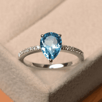 Pear Cut Swiss Blue Topaz & Diamond Ring in 925 Sterling Silver - Proposal Promise Ring For Her - Anniversary Gift